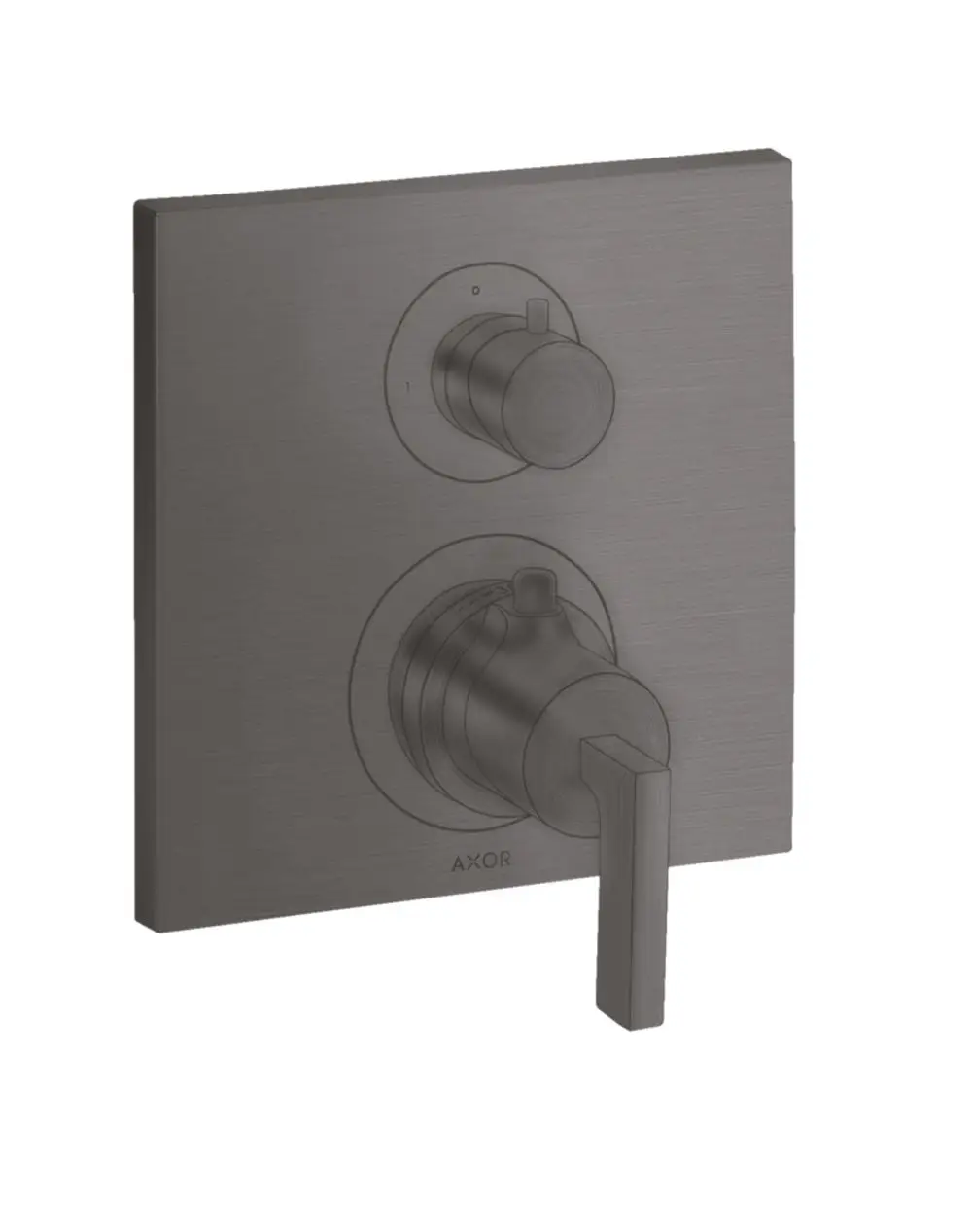 Thermostatunterputz von AXOR mit zwei Drehreglern und einem Hebelgriff in brushed black chrome. Rechteckige, mattschwarze Oberfläche, geeignet für die Wandmontage.